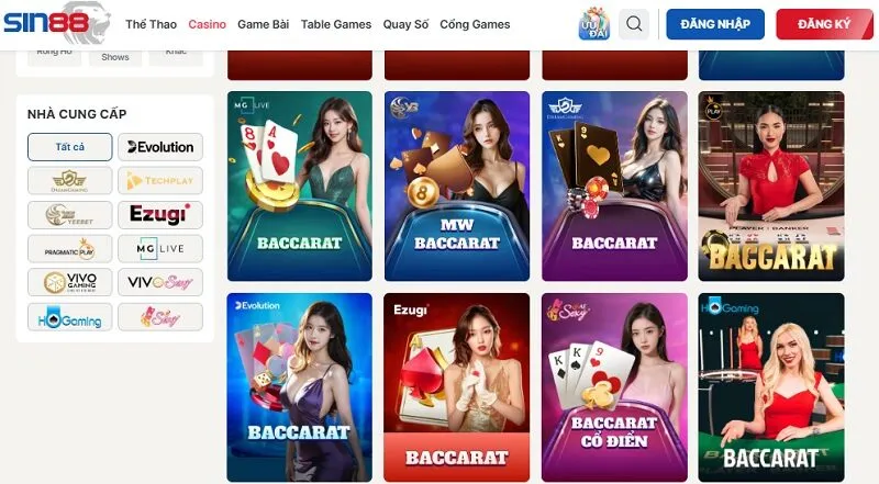 Đa dạng sảnh cược Baccarat đẳng cấp đều có mặt tại nhà cái uy tín